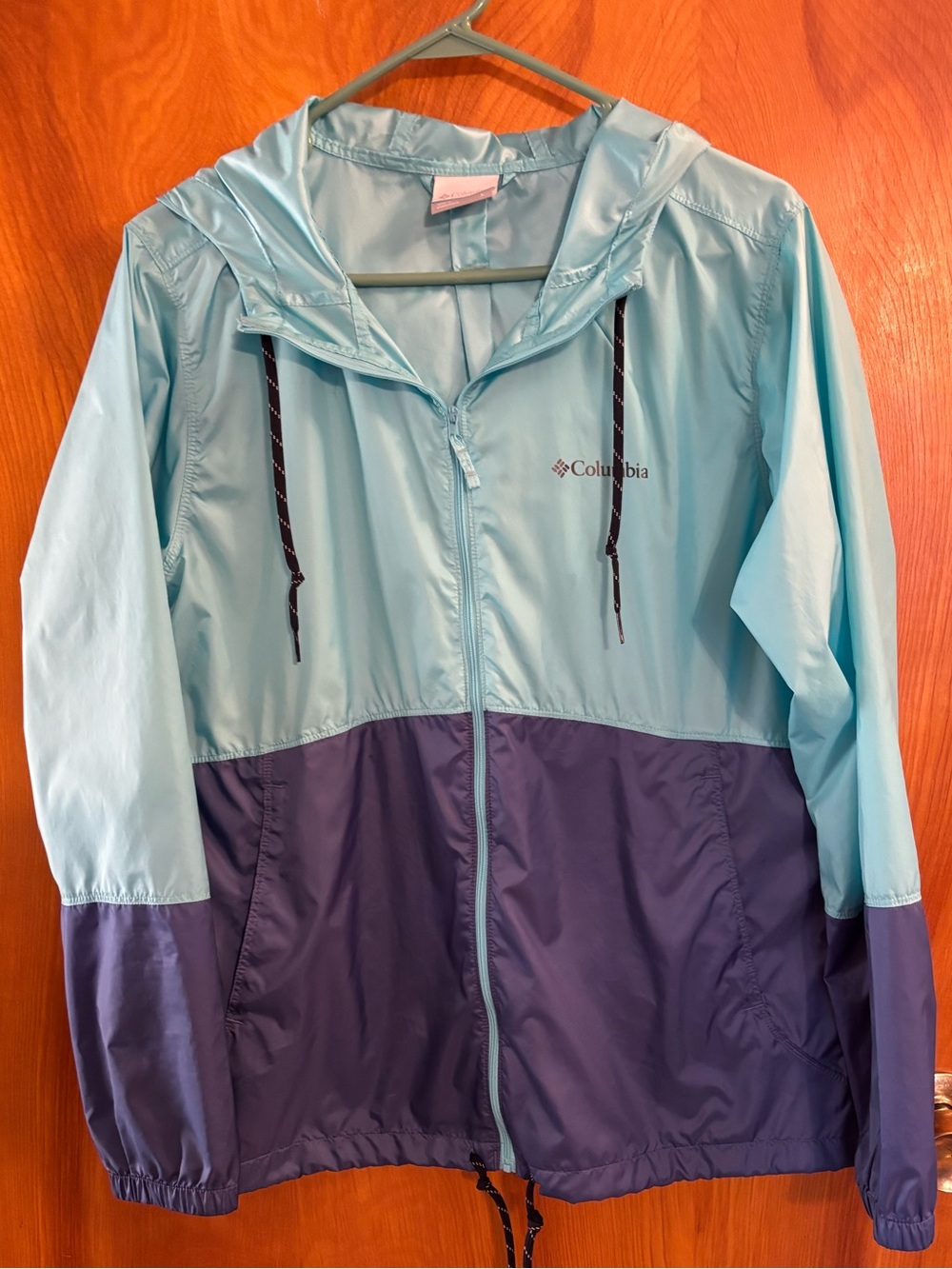 Ladies Columbia Light Blue and Purple Two-Tone Hooded Rain Jacket